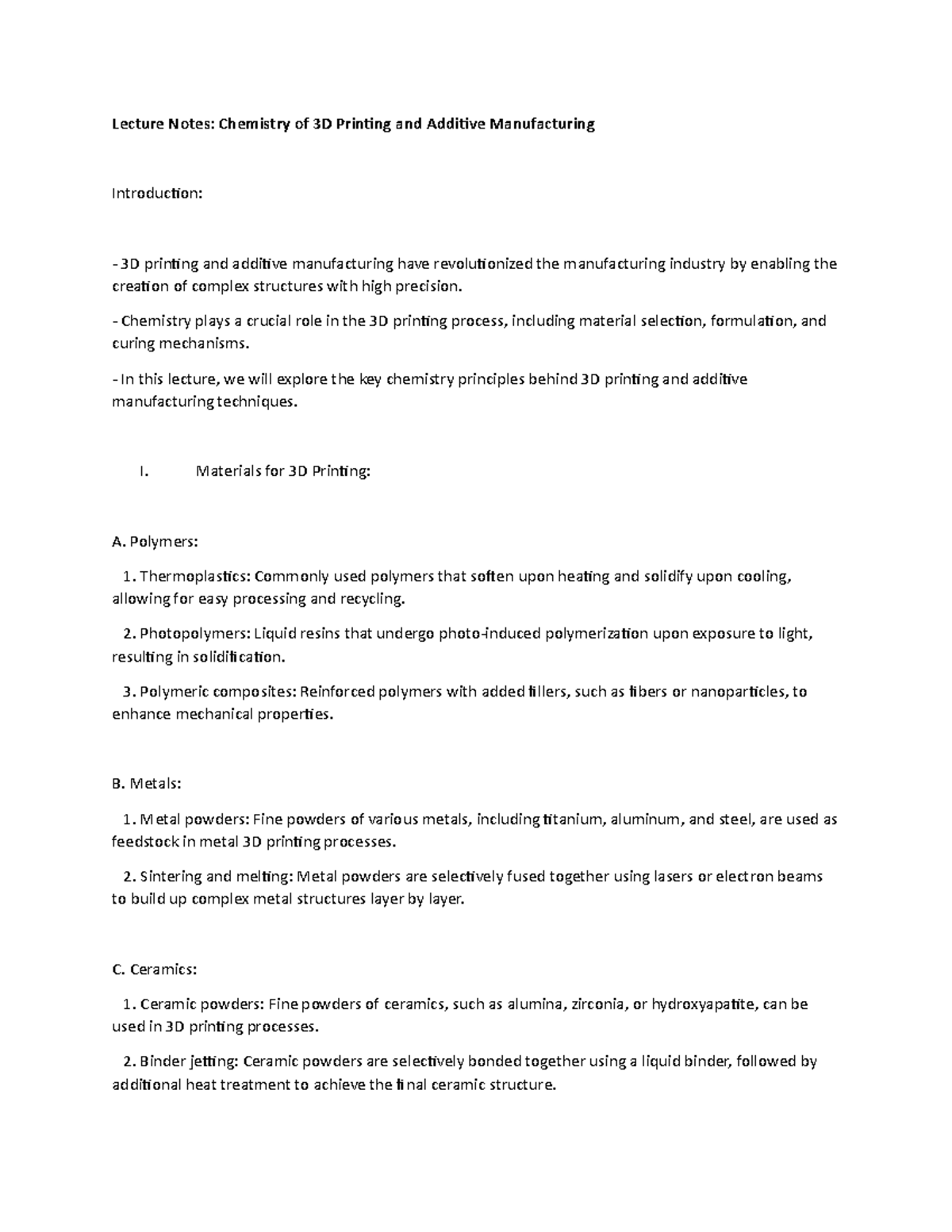 Lecture Notes: Chemistry of 3D Printing and Additive Manufacturing ...