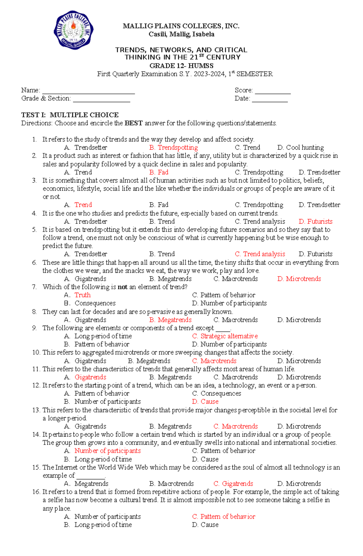 12 Humss- TNCT - Quarterly Examination - MALLIG PLAINS COLLEGES, INC ...