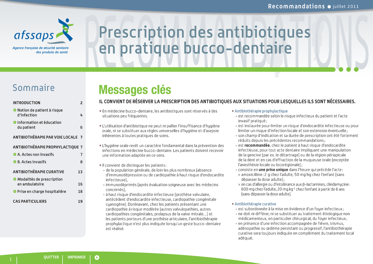 Reco Prescription Des Antibiotiques En Pratique Buccodentaire Septembre 11 Studocu