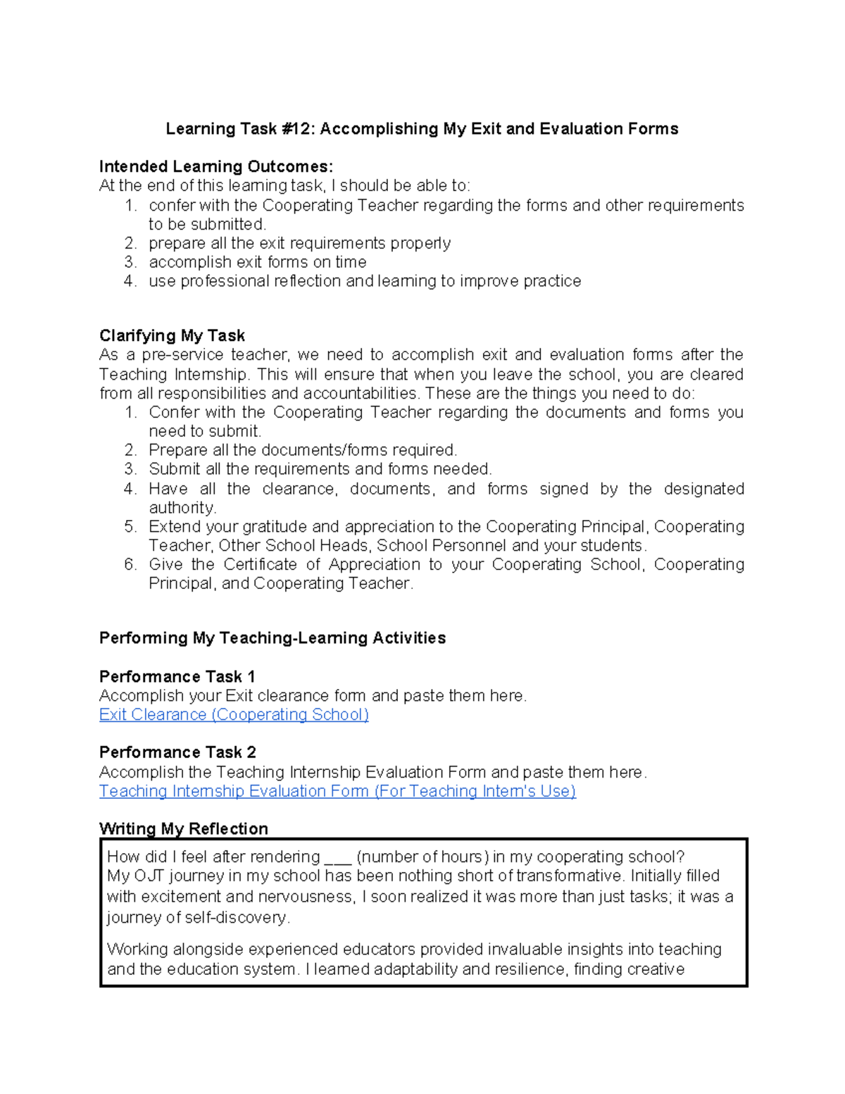 learning task 01 internship ojt batchelor of secondary education ...
