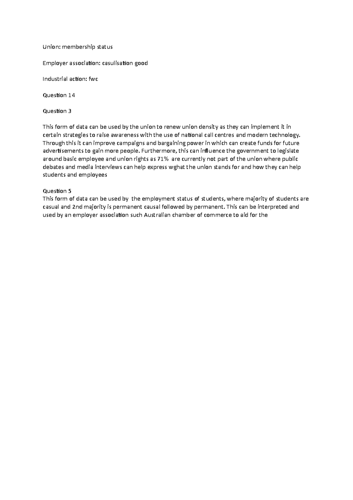 UNION AND ITS DEFINITION - Union: membership status Employer ...