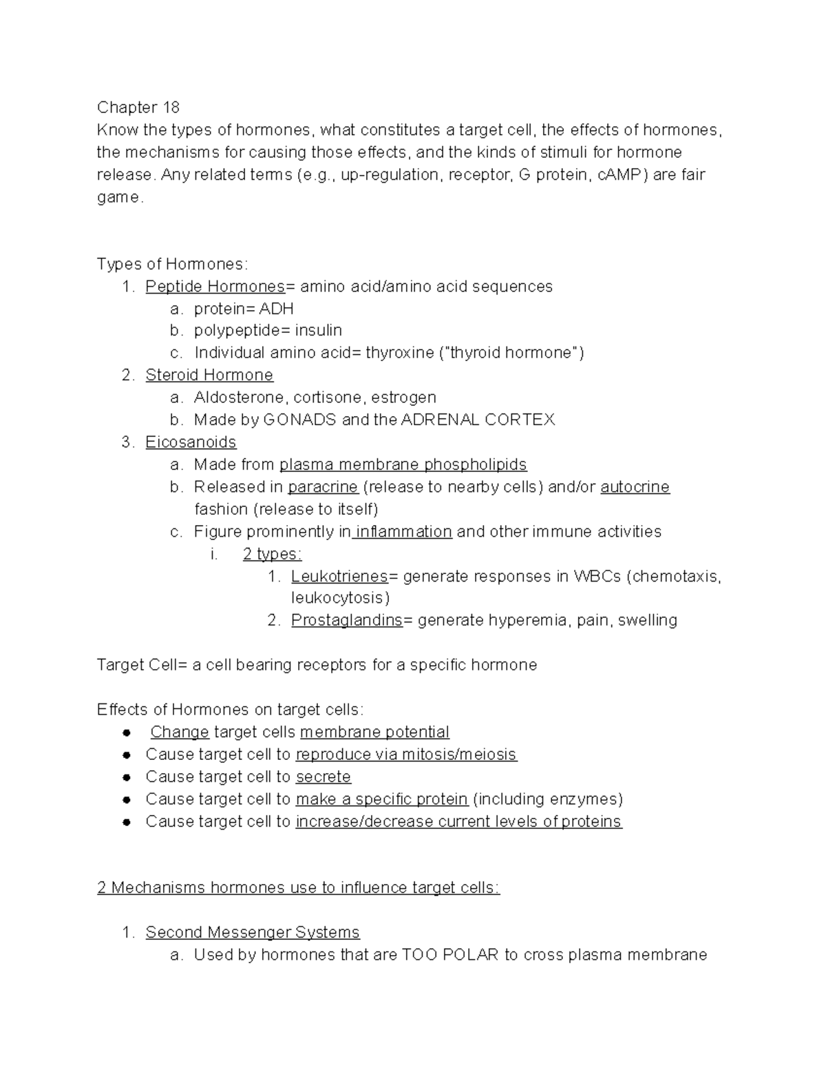 A P 2 Exam 3 Study Guide Chapter 18 Know The Types Of Hormones What