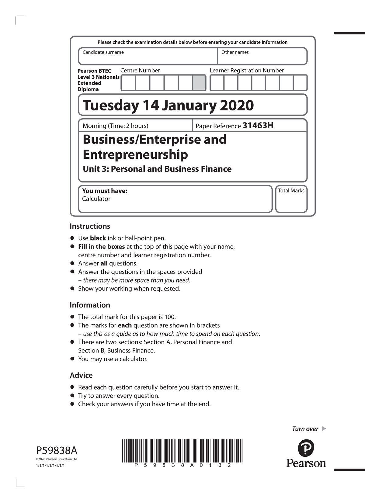 Unit 3 Jan 2020 Exam Unit 3 Personal And Business Finanace Past 