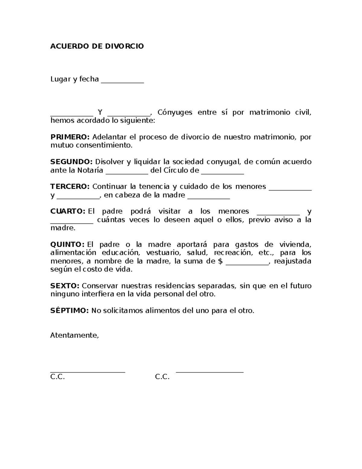 Formato ACTA Divorcio. ANTE Notario 1 - ACUERDO DE DIVORCIO Lugar y fecha  ______ ______ - Studocu