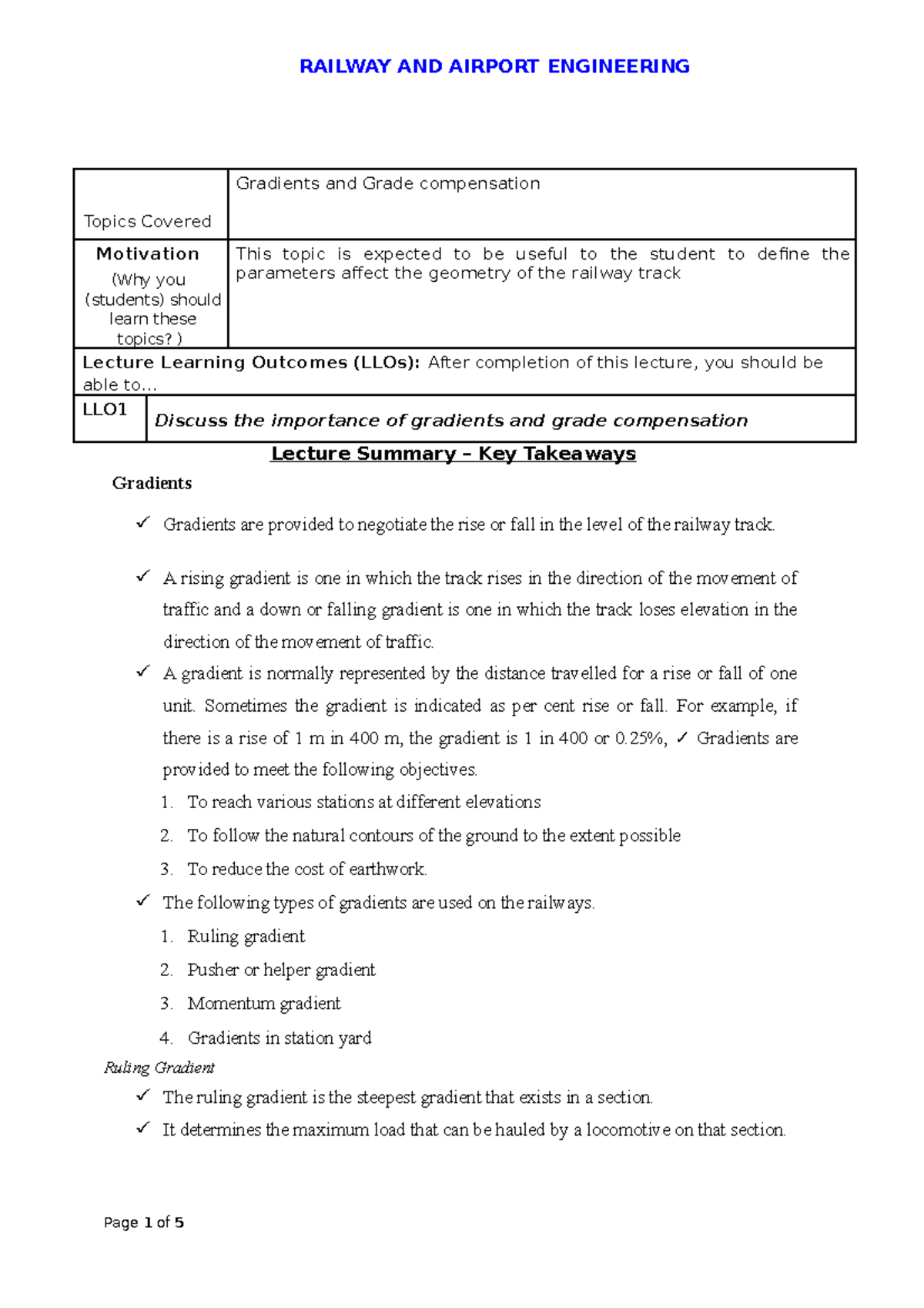 Gradients and Grade compensation - Topics Covered Gradients and Grade ...