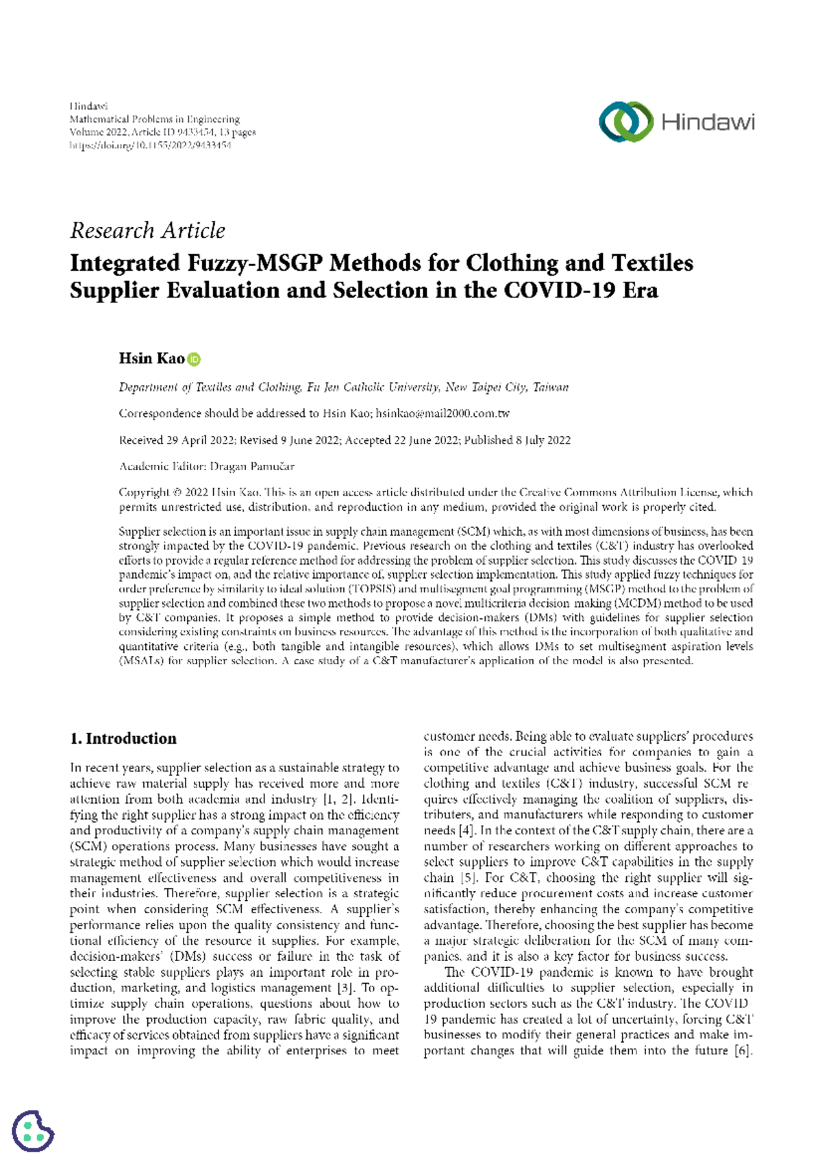 Integrated Fuzzy‐MSGP Methods for Clothing and Textiles Supplier ...