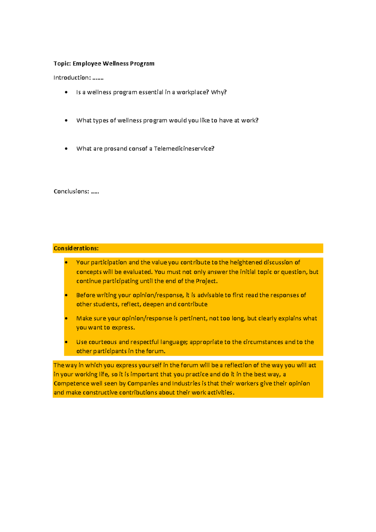 Topic-Employee Wellness Program - Topic: Employee Wellness Program ...