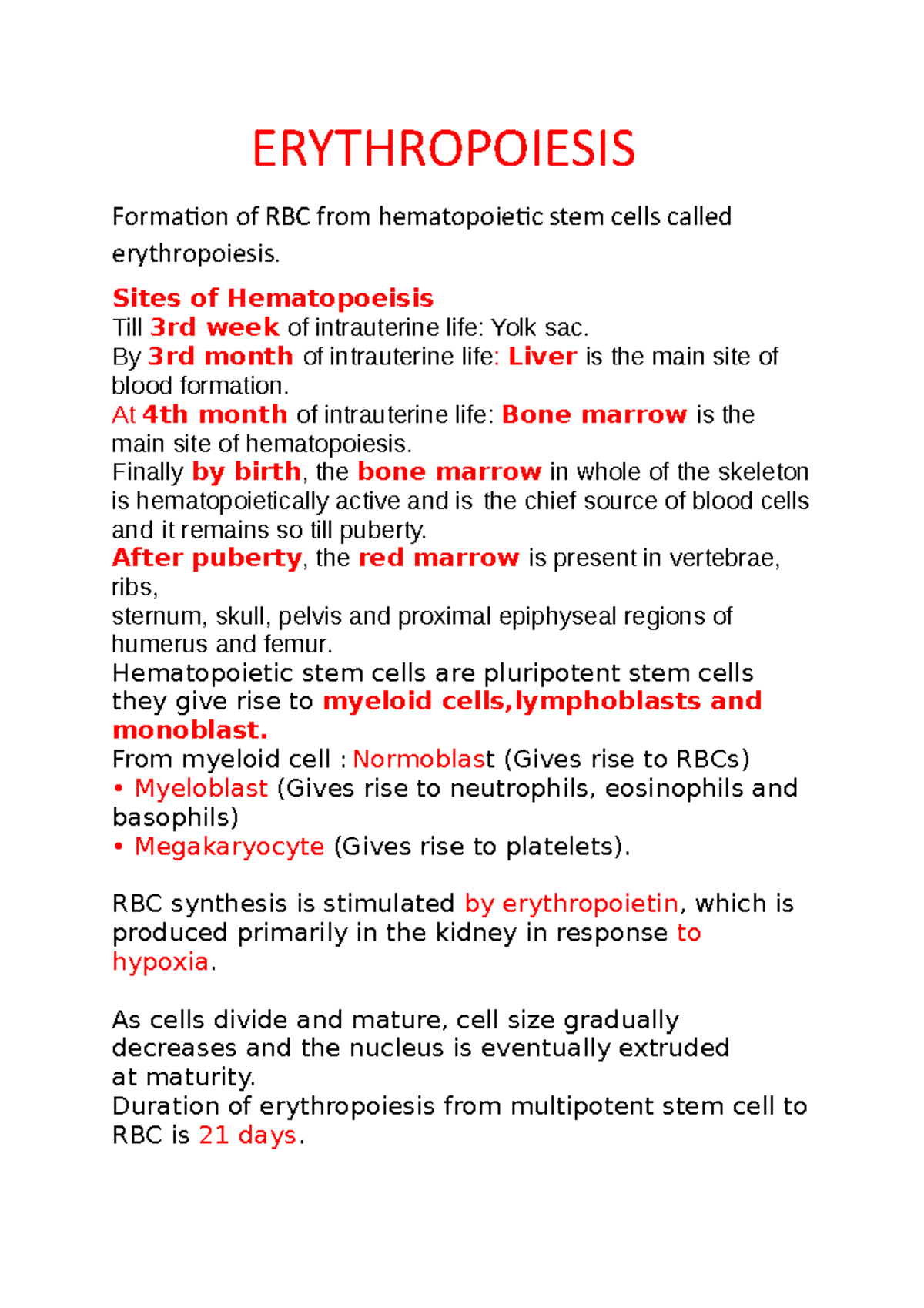 Erythropoiesis Includes tutorial work in subject biochemistry