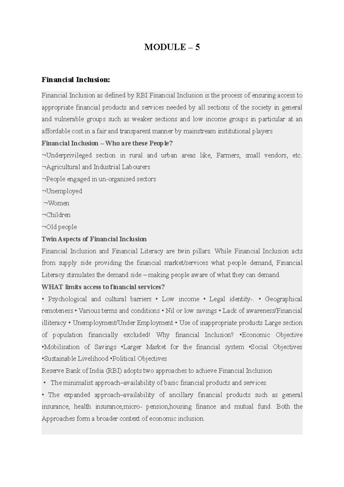 NBFC Module 5b - NBFC NOTES - MODULE – 5 Financial Inclusion: Financial ...