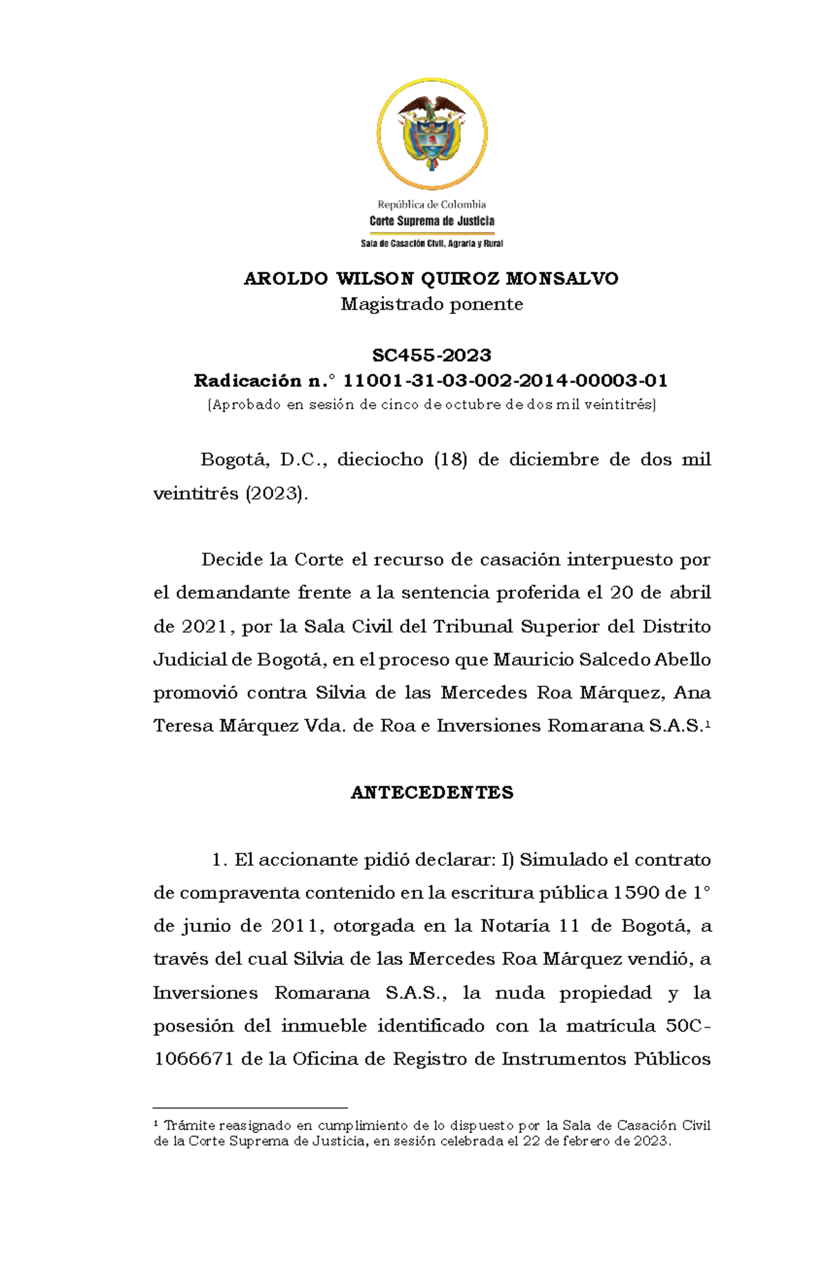 Sentencia-SC455-2023 - AROLDO WILSON QUIROZ MONSALVO Magistrado ponente