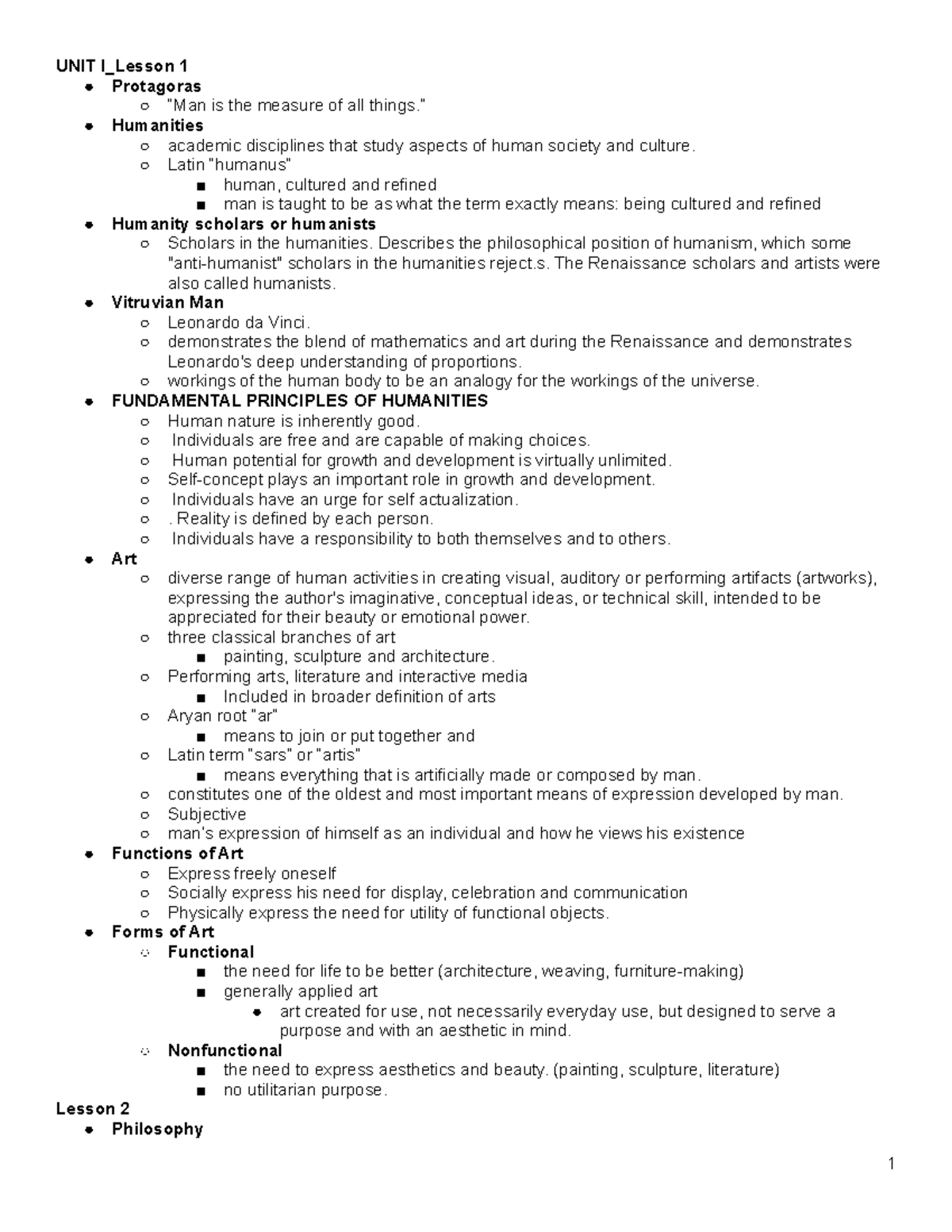 Unit 1 and 2 Reviewer - nhj - UNIT I_Lesson 1 Protagoras “Man is the ...