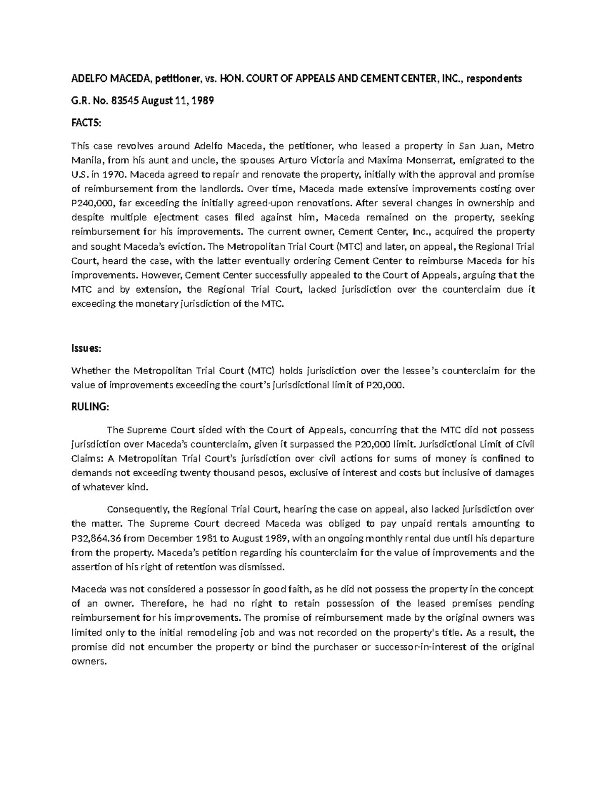 Mocsir ( Adelfo Maceda V CA) - ADELFO MACEDA, petitioner, vs. HON ...