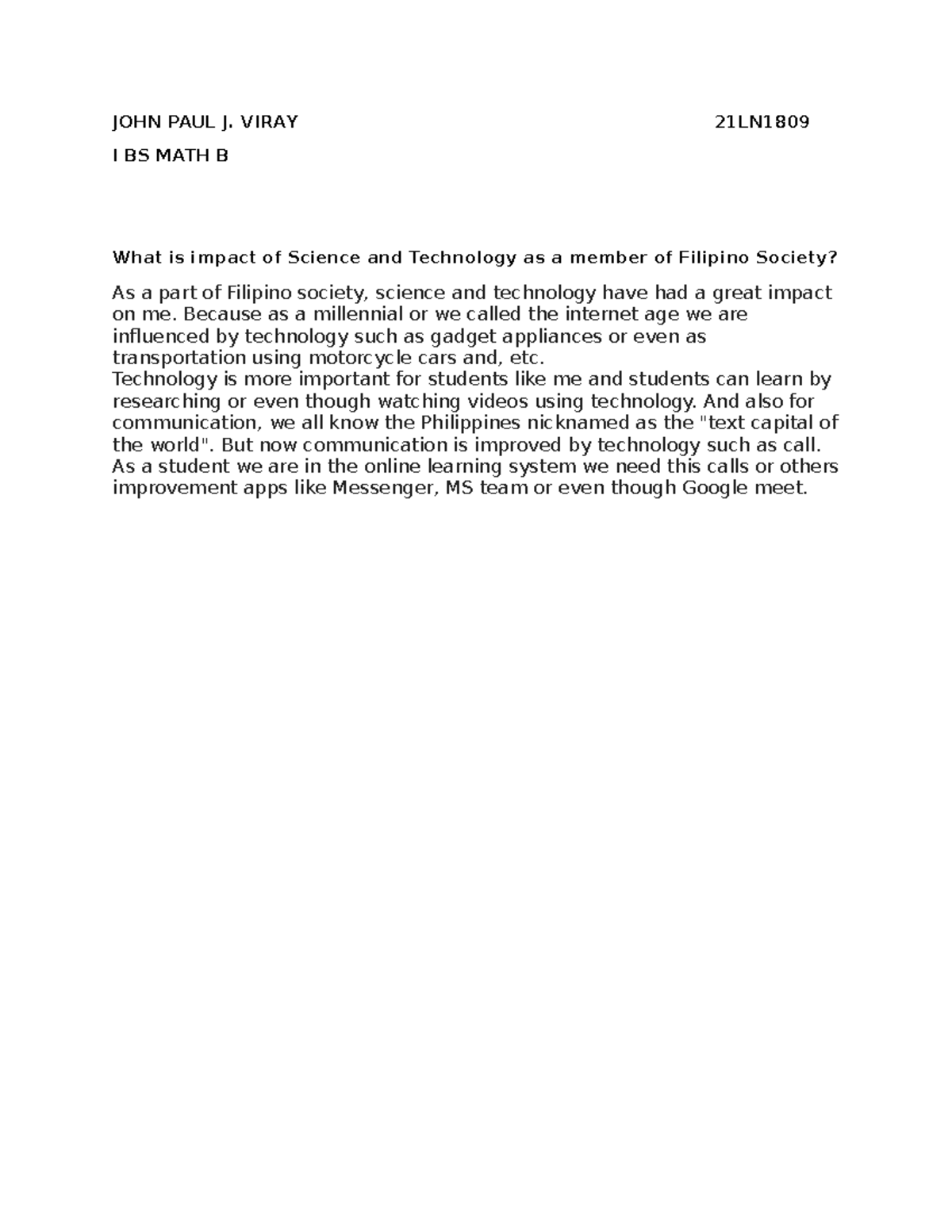 JOHN PAUL J - Fundamentals of Mathematic - JOHN PAUL J. VIRAY 21LN I BS ...