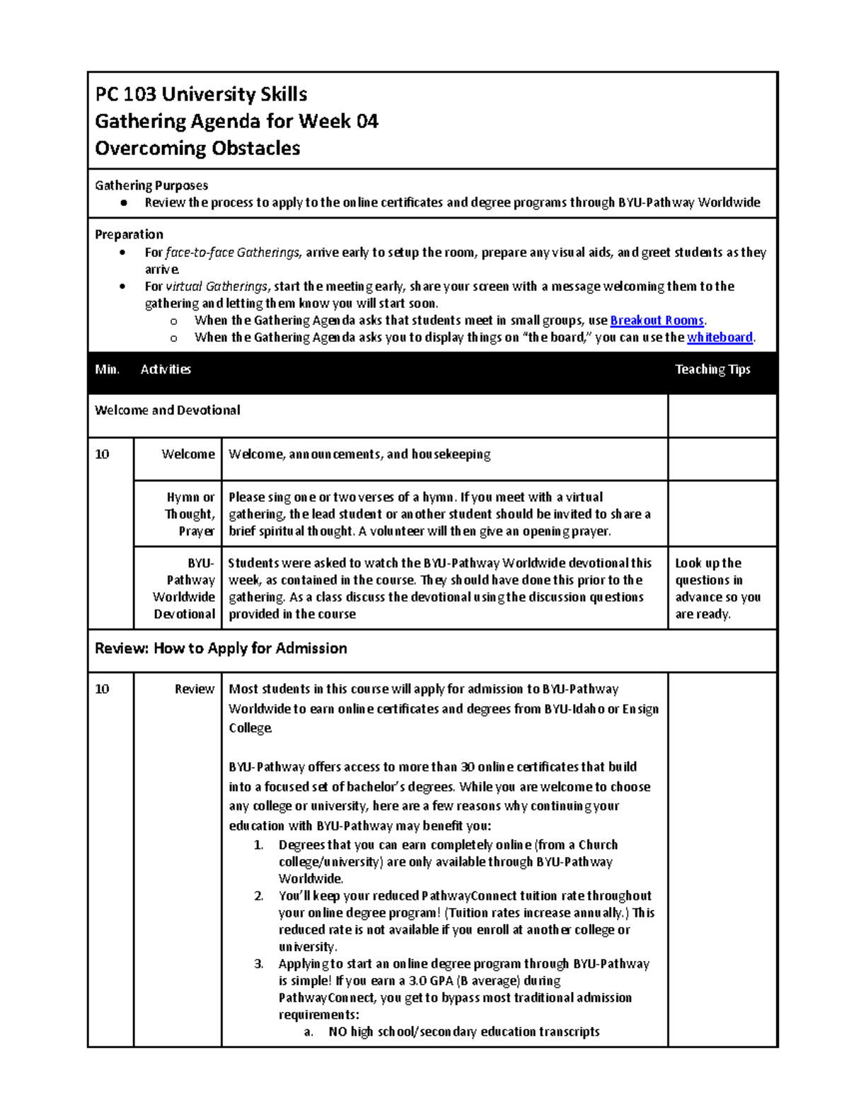 Pc103 W14Gathering Agenda - PC 103 University Skills Gathering Agenda for Week  14 Look Ahead - Studocu