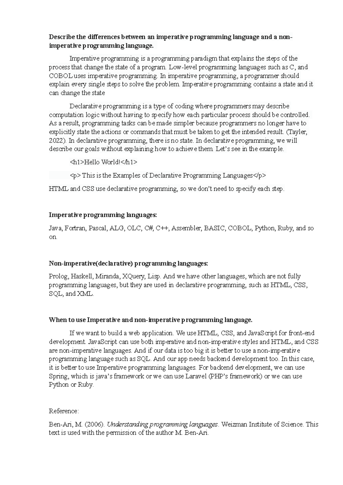 Discussion - Describe the differences between an imperative programming ...