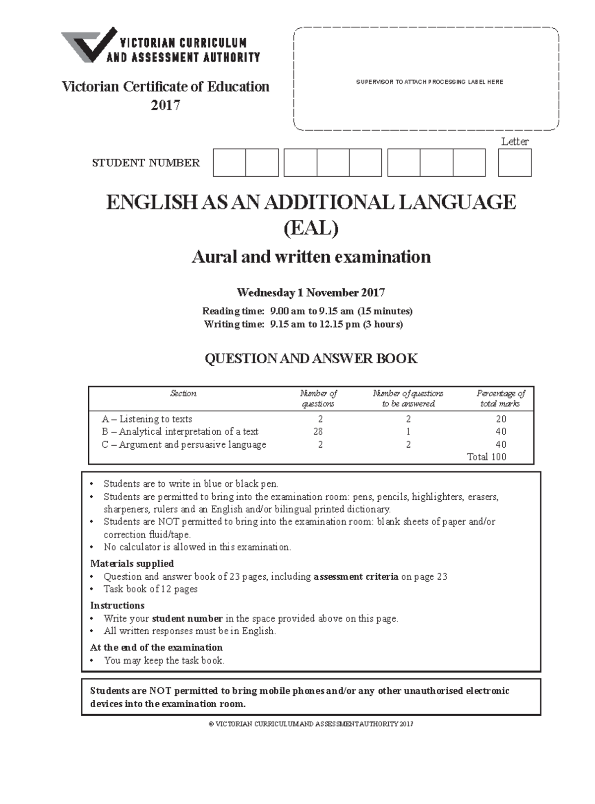 2017 EAL exam paper ENGLISH AS AN ADDITIONAL LANGUAGE (EAL) Aural and