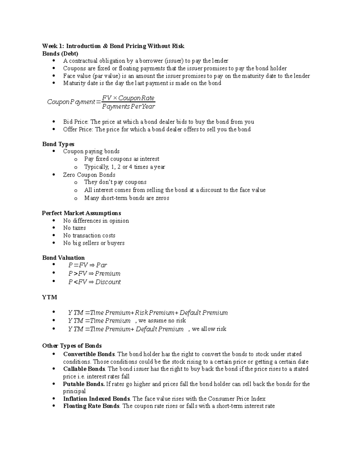 FNCE30001 notes Week 1 Introduction & Bond Pricing Without Risk