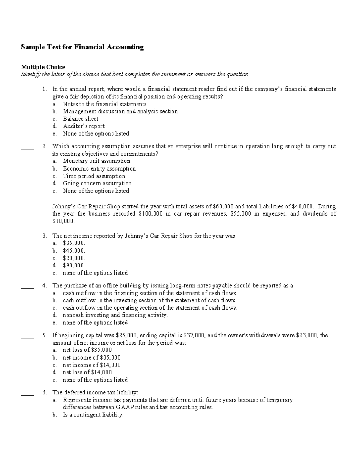 Sample Test for Financial Accounting Mul - Sample Test for Financial ...