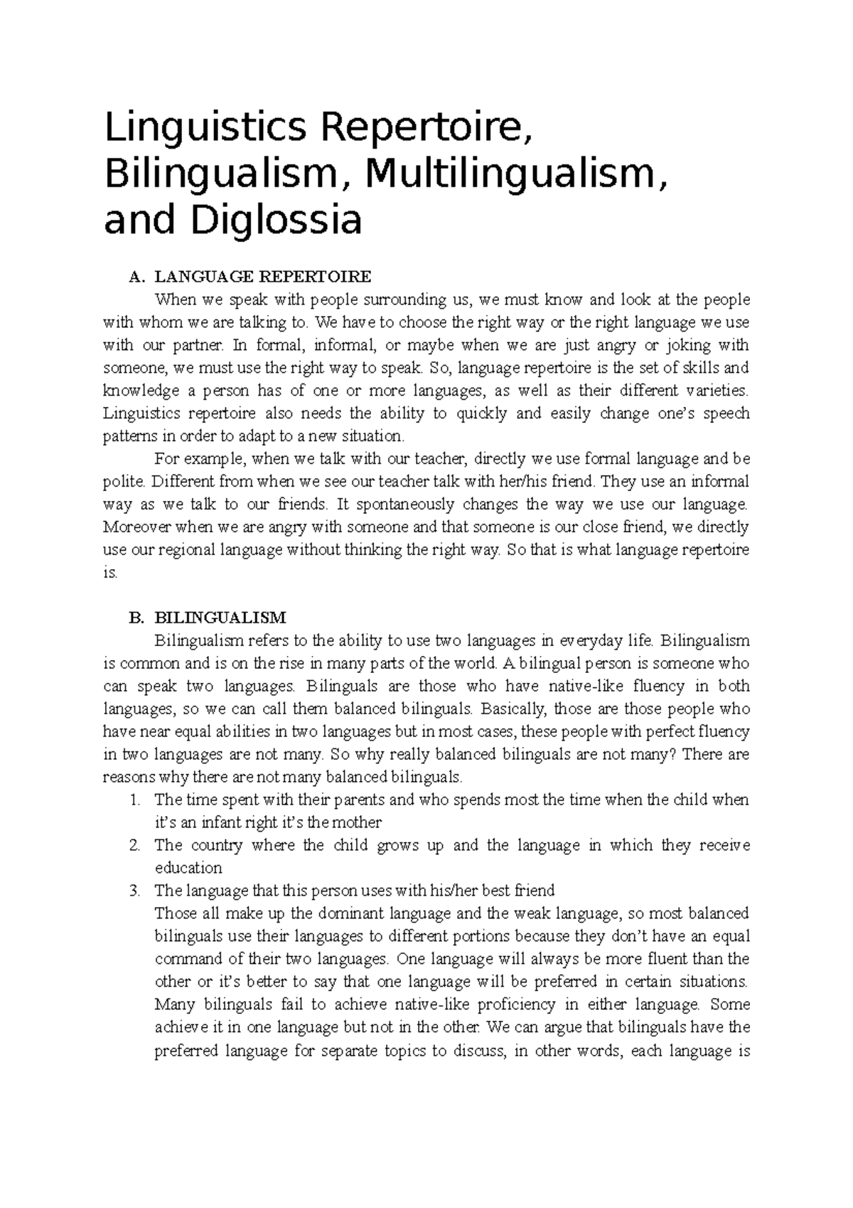 Linguistics Repertoire, Bilingualism, Multilingualism, And Diglossia ...