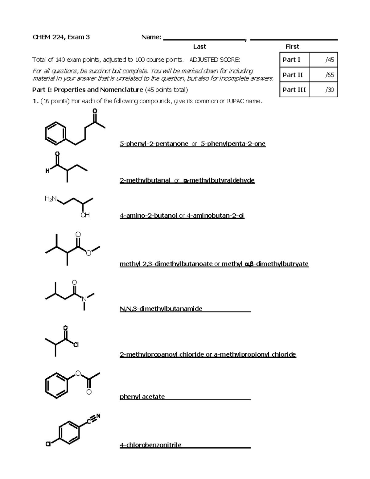 CHEM 224 Exam 3 B S22 KEY - Practice - CHEM 224, Exam 3 Name: , Last ...