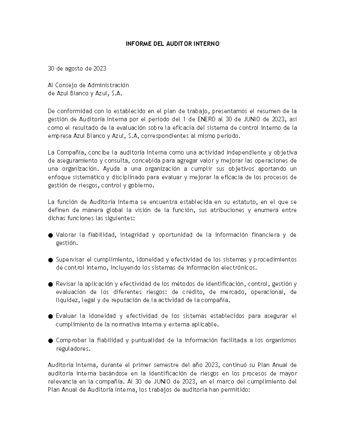 Informe DEL Auditor Interno - INFORME DEL AUDITOR INTERNO 30 de agosto ...