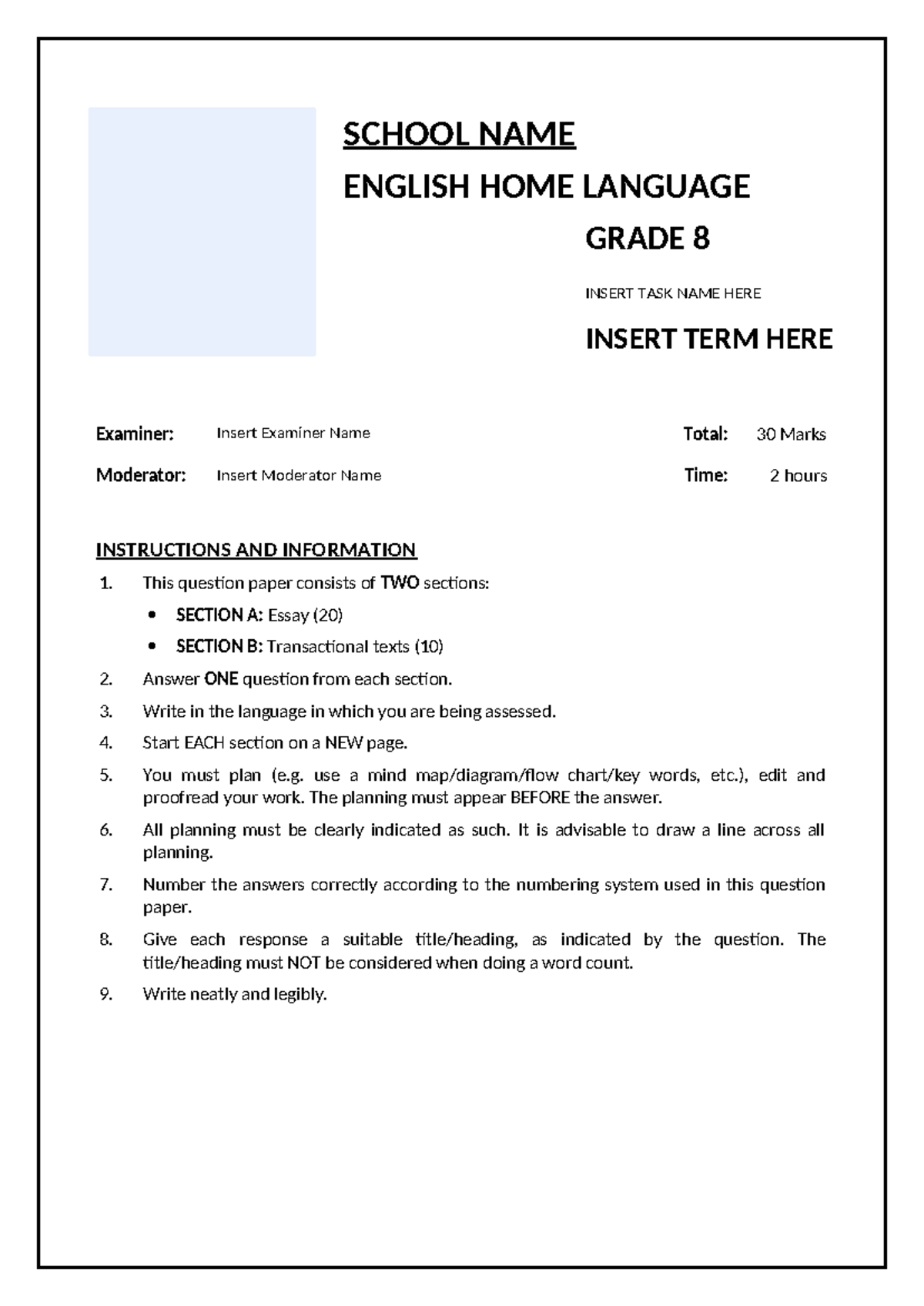 English HL Grade 8 Paper 3 Essay and Letter ir5r6h SCHOOL NAME