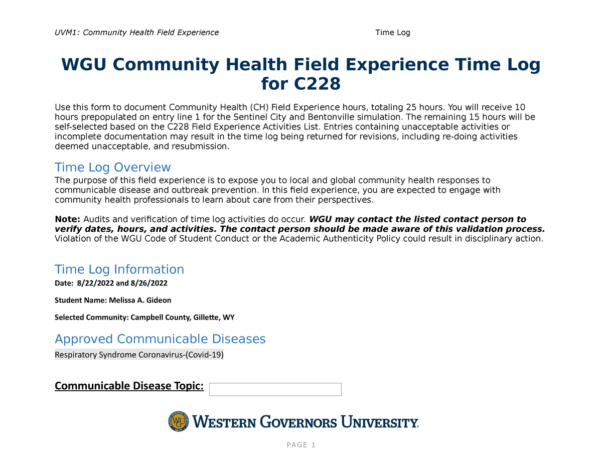 C228 Community Health Field Experience Time Log Melissa A. Gideon