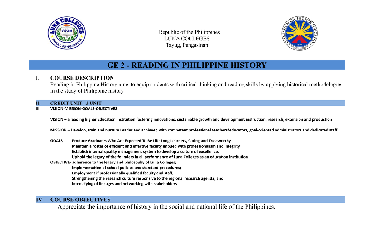 GE 2 - Reading IN Philippine History - Republic Of The Philippines LUNA ...