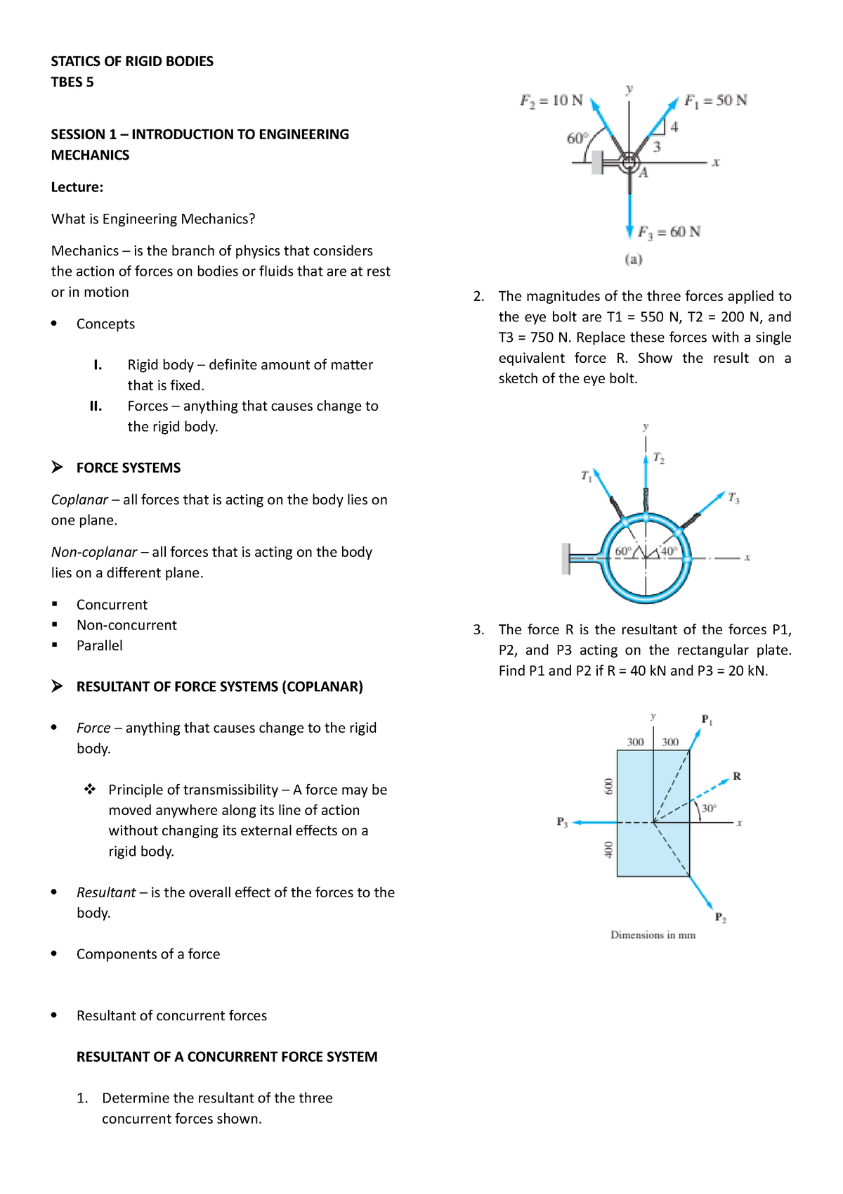 Statics OF Rigid Bodies Guide - STATICS OF RIGID BODIES TBES 5 SESSION ...