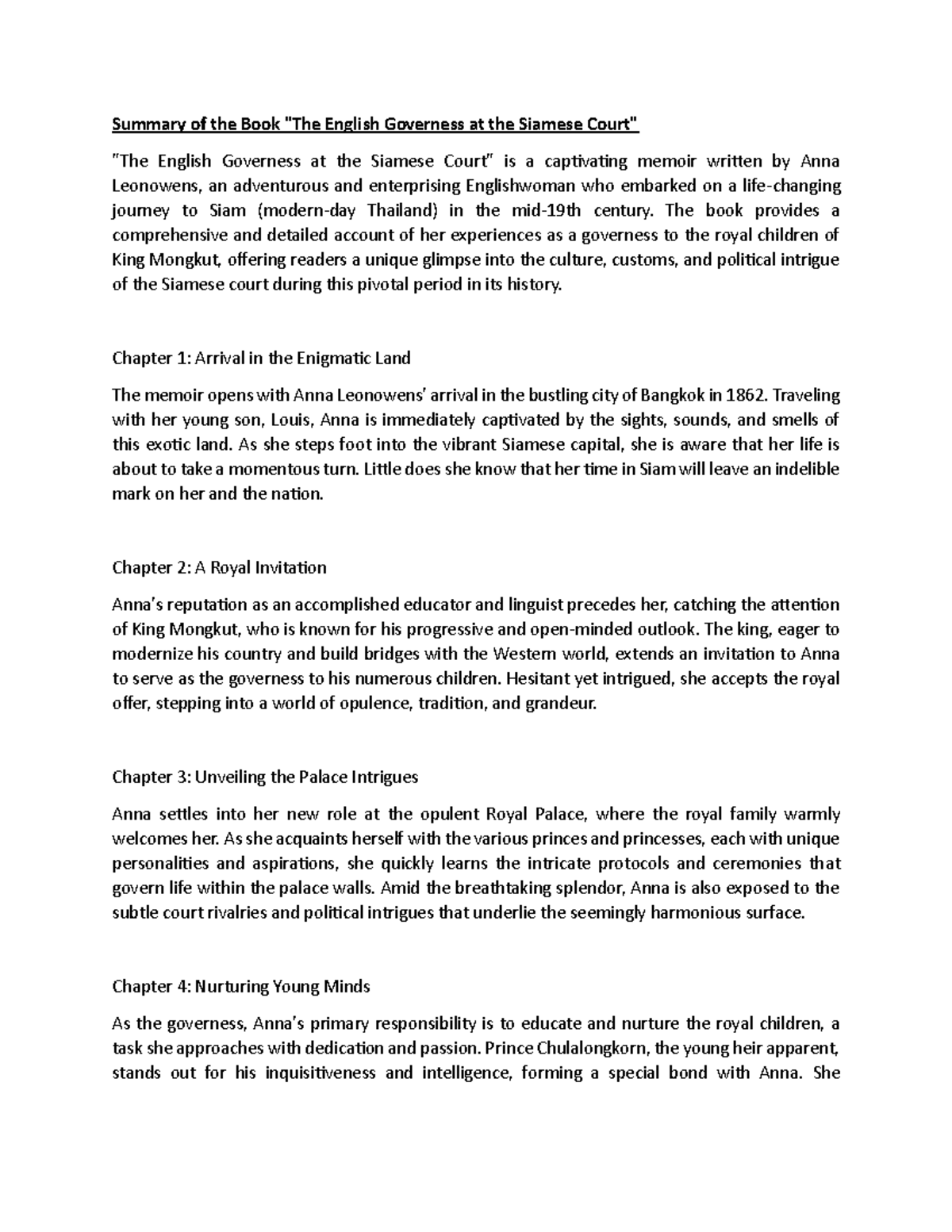 Summary of "The English Governess at the Siamese Court" Summary of