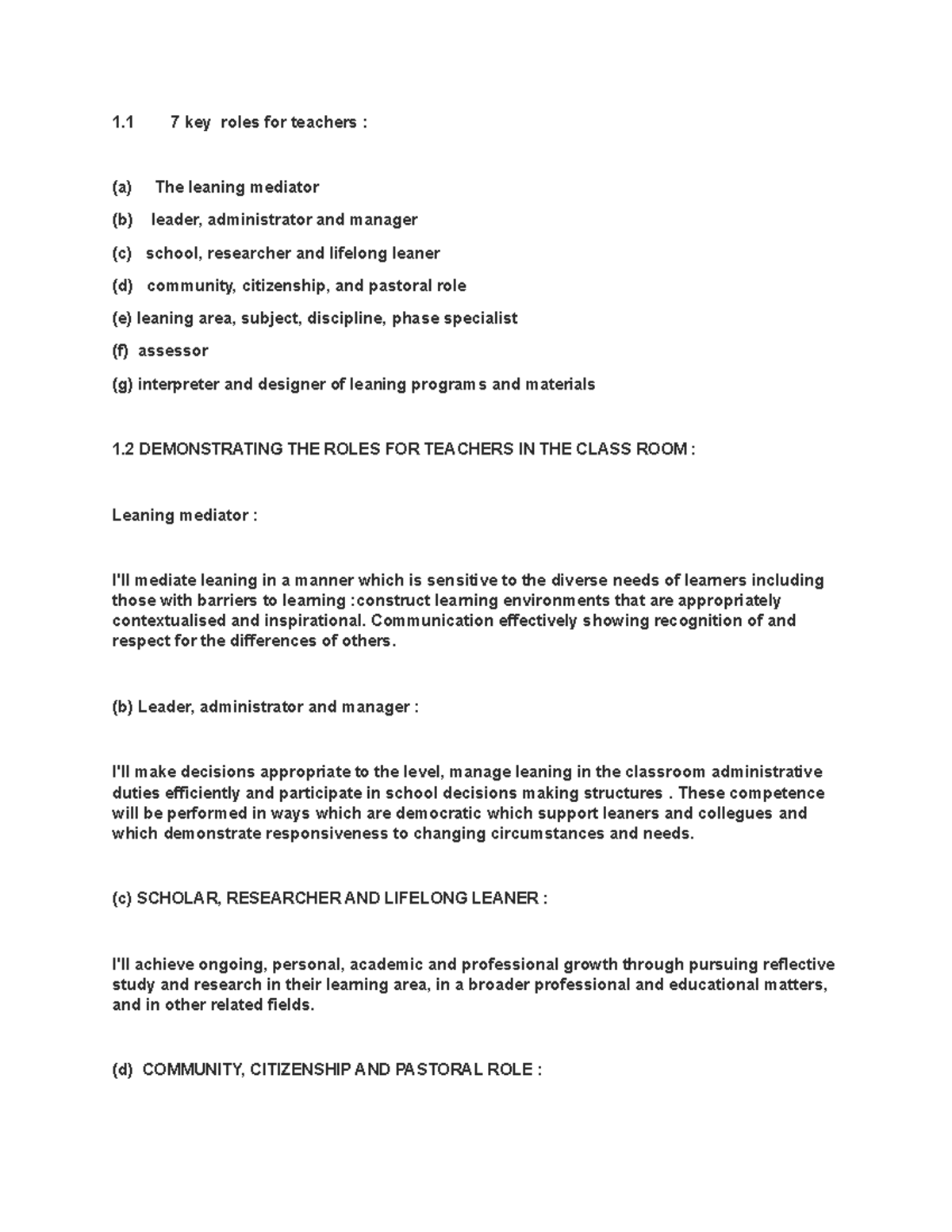 leadership skills - 1 7 key roles for teachers : (a) The leaning ...