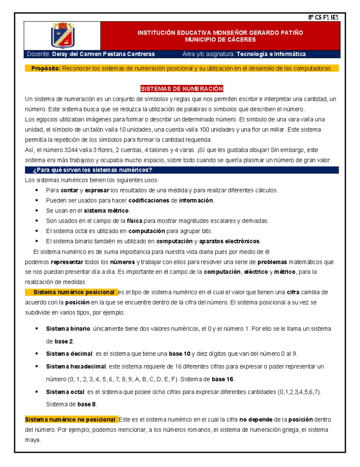 8 CS F1 Cristian Rivera Sistemas DE Numeraci N IE1 - INSTITUCIÓN ...