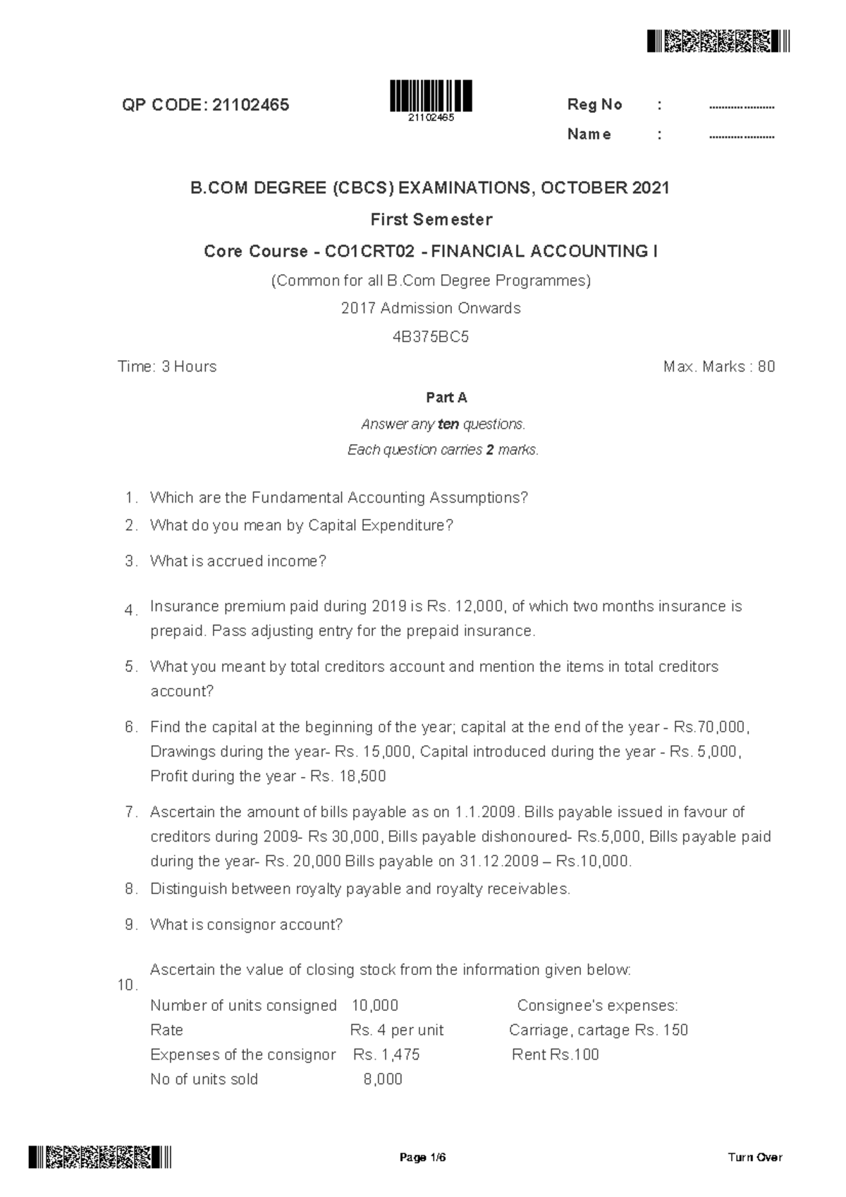 MGU Bcom 1 Sem Financial Accounting Oct 2021 - QP CODE: 21102465 Reg No