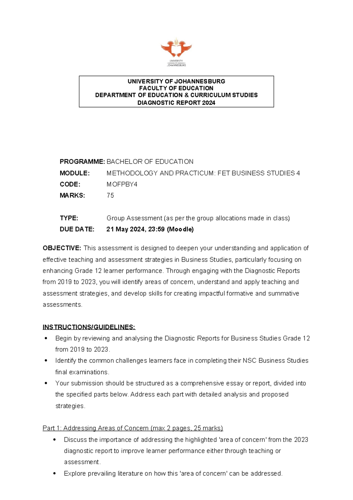 Mofpby 4 Diagnostic Report - PROGRAMME: BACHELOR OF EDUCATION MODULE ...