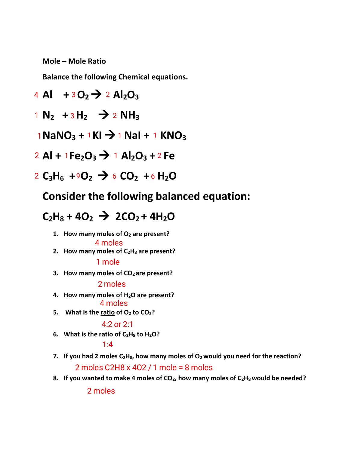 Mole Ratio Worksheet Mole Mole Ratio Balance The Following Chemical Equations Al O 2 Al 2 7098