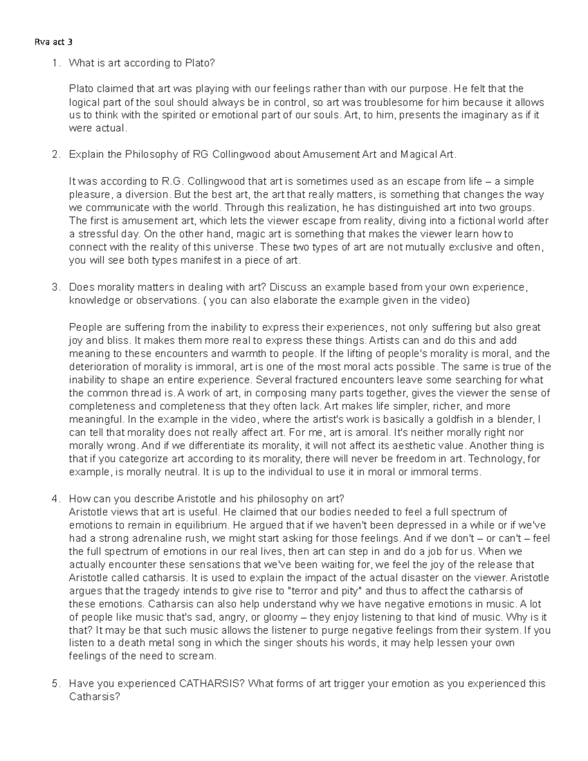 Rva act 3 - Lecture notes 1 - Rva act 3 What is art according to Plato ...