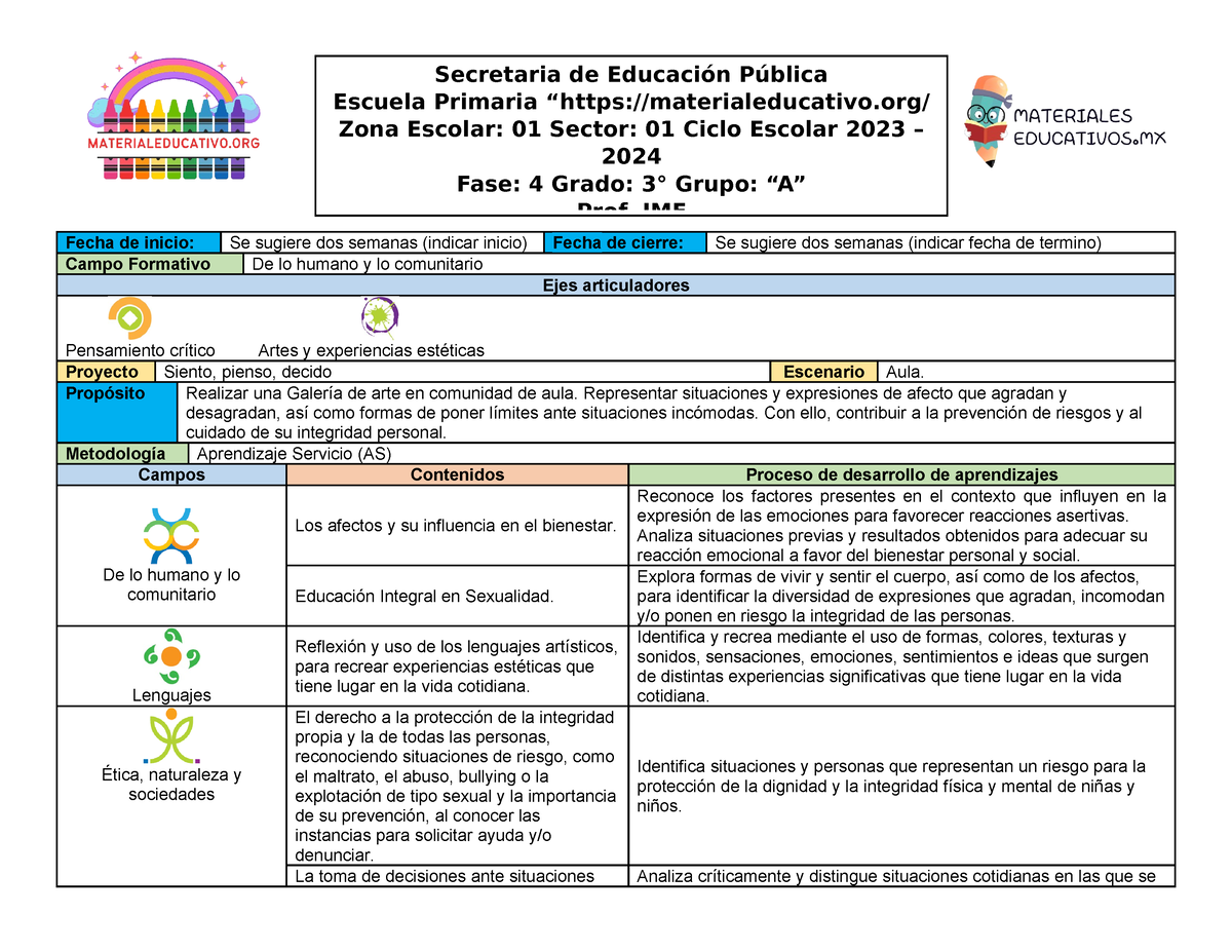 Planeación 3er Grado Proyecto Siento Pienso Decido - Fecha De Inicio ...