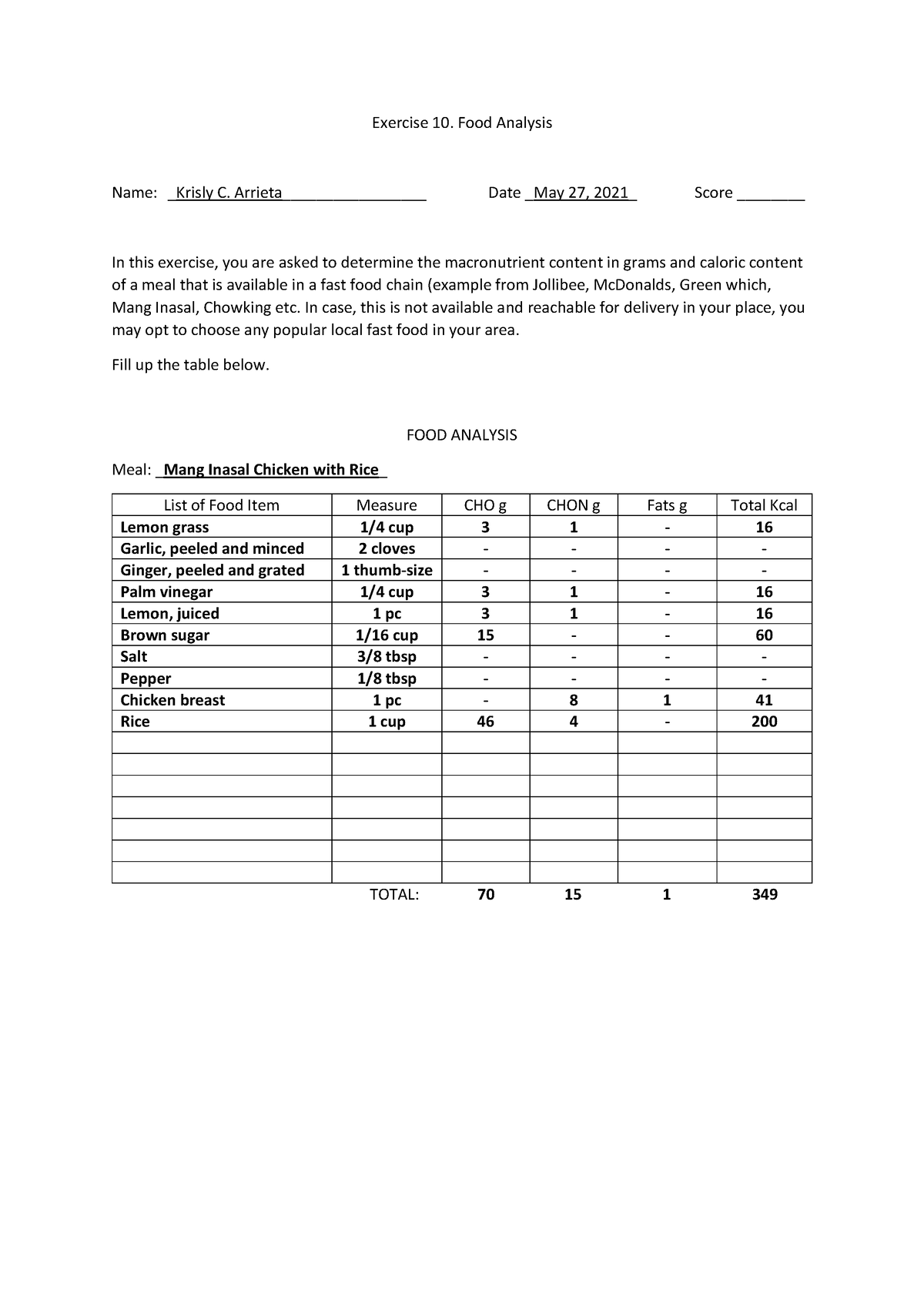 Activity-10 - Activity-10 Food Analysis - Exercise 10. Food Analysis ...