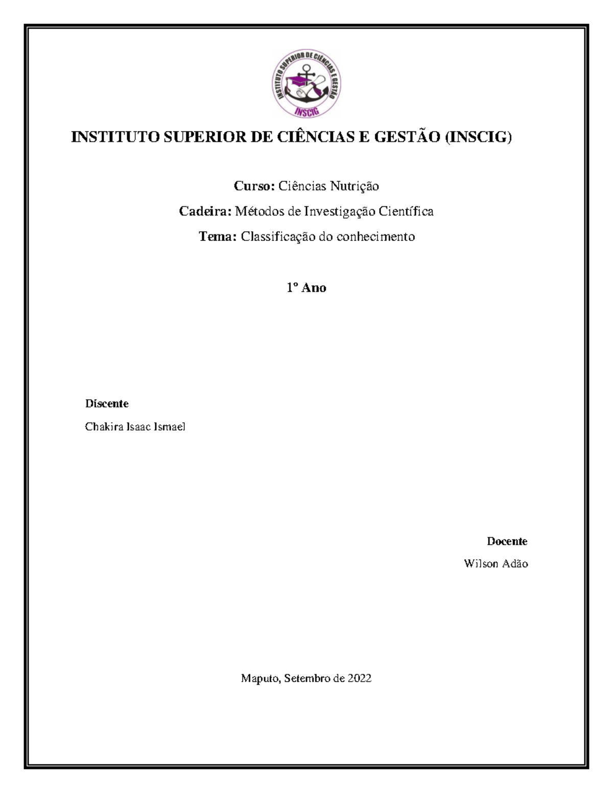 Classificação do conhecimento - INSTITUTO SUPERIOR DE CIÊNCIAS E GESTÃO ...