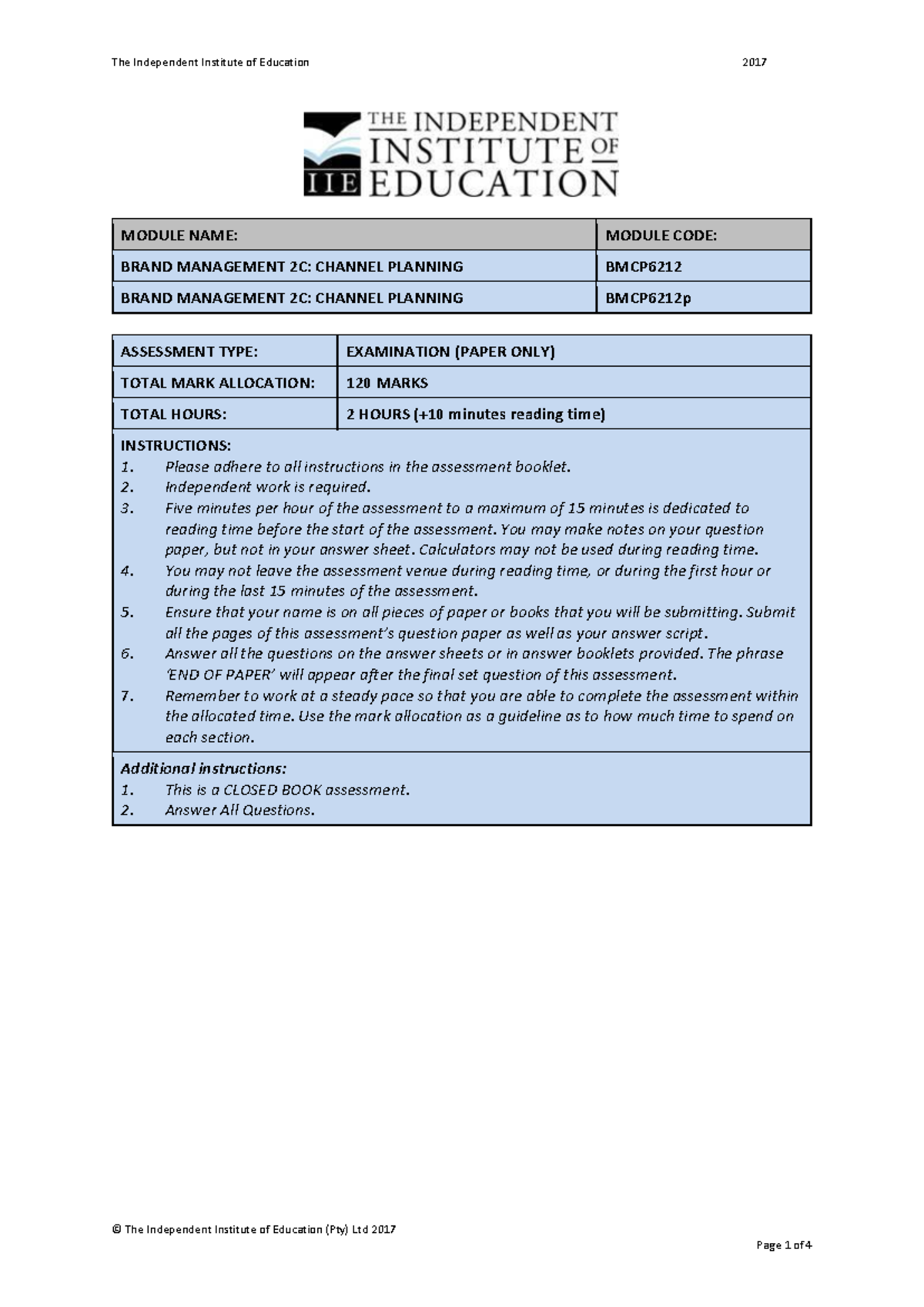 BMCP6212Ea Past Paper - MODULE NAME: MODULE CODE: BRAND MANAGEMENT 2C ...