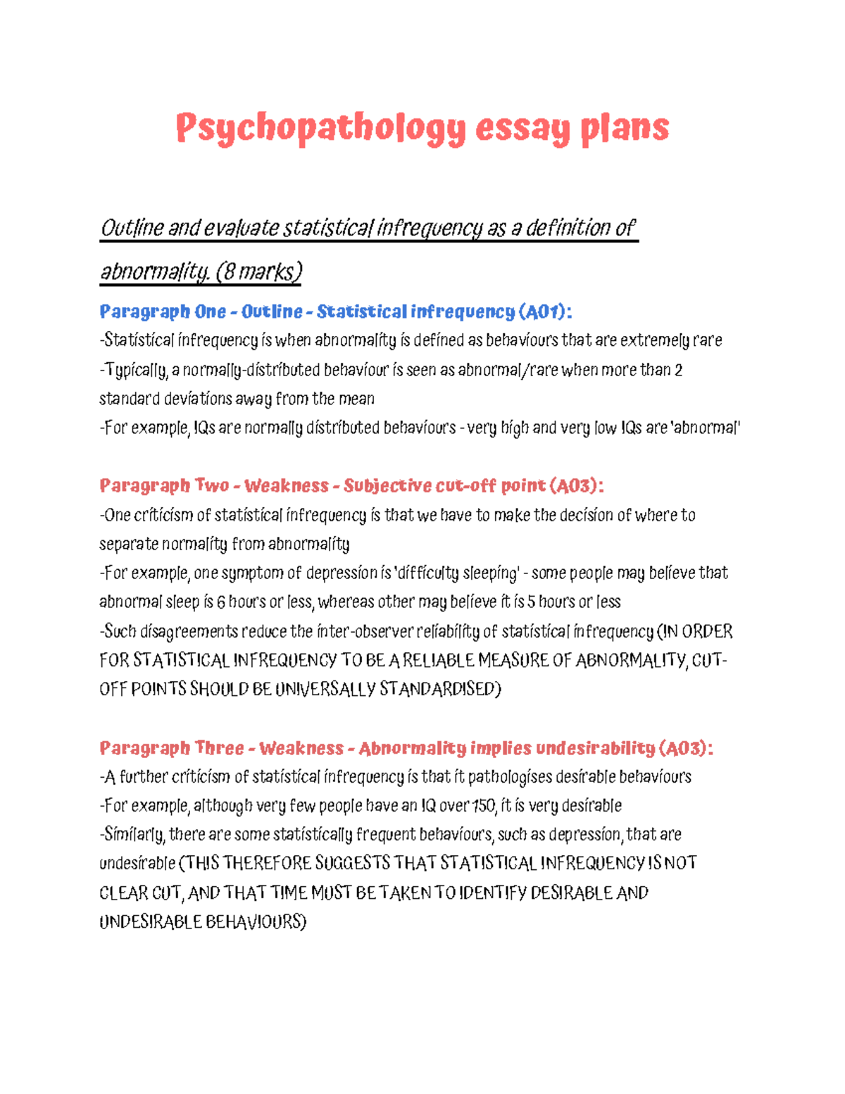 psychopathology essay plans