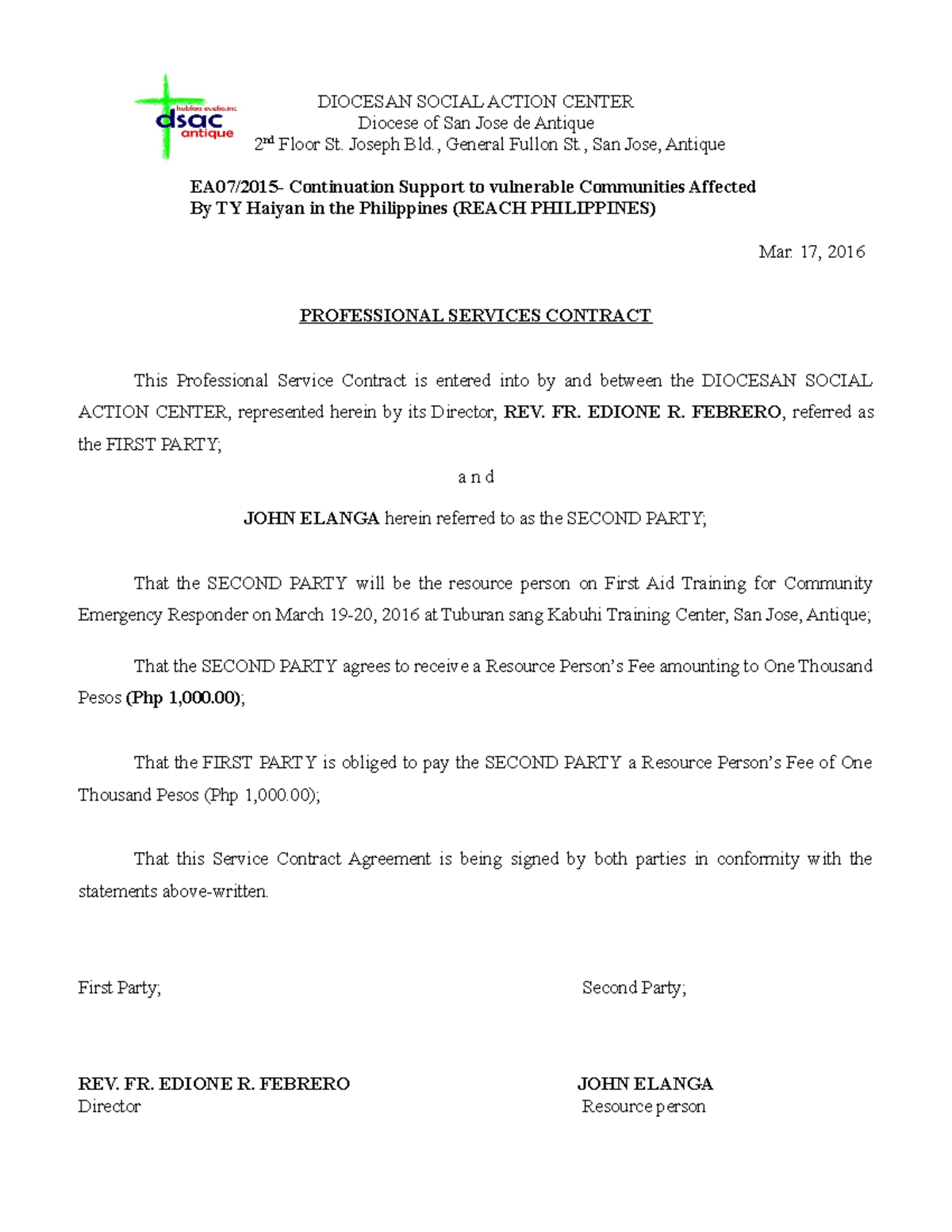 Professional Service Contract John Diocesan Social Action Center