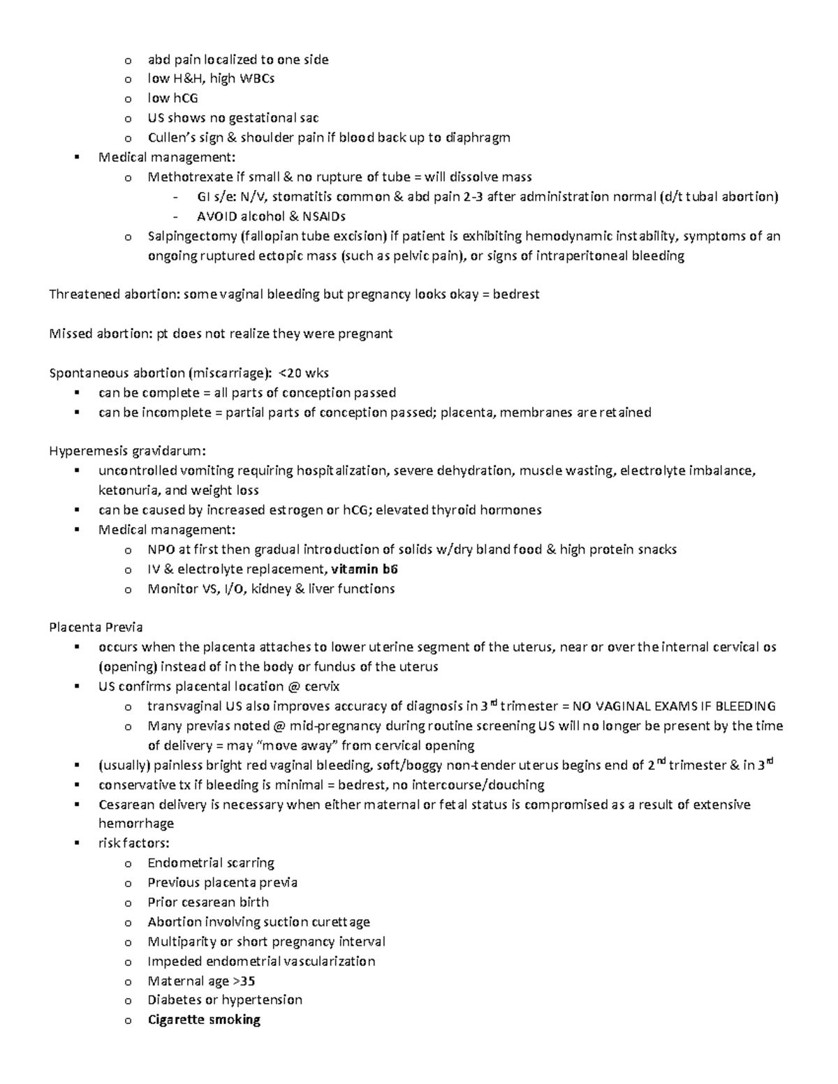 Maternal Newborn study guide - o abd pain localized to one side o low H ...