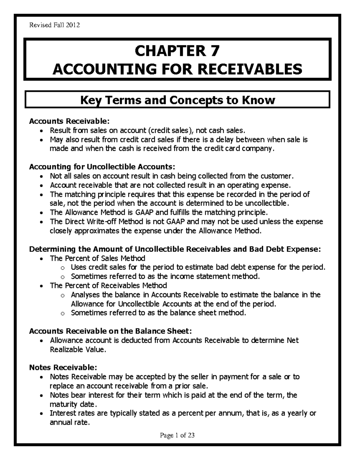 ACC101Chapter 7new Cost acc CHAPTER 7 ACCOUNTING FOR RECEIVABLES