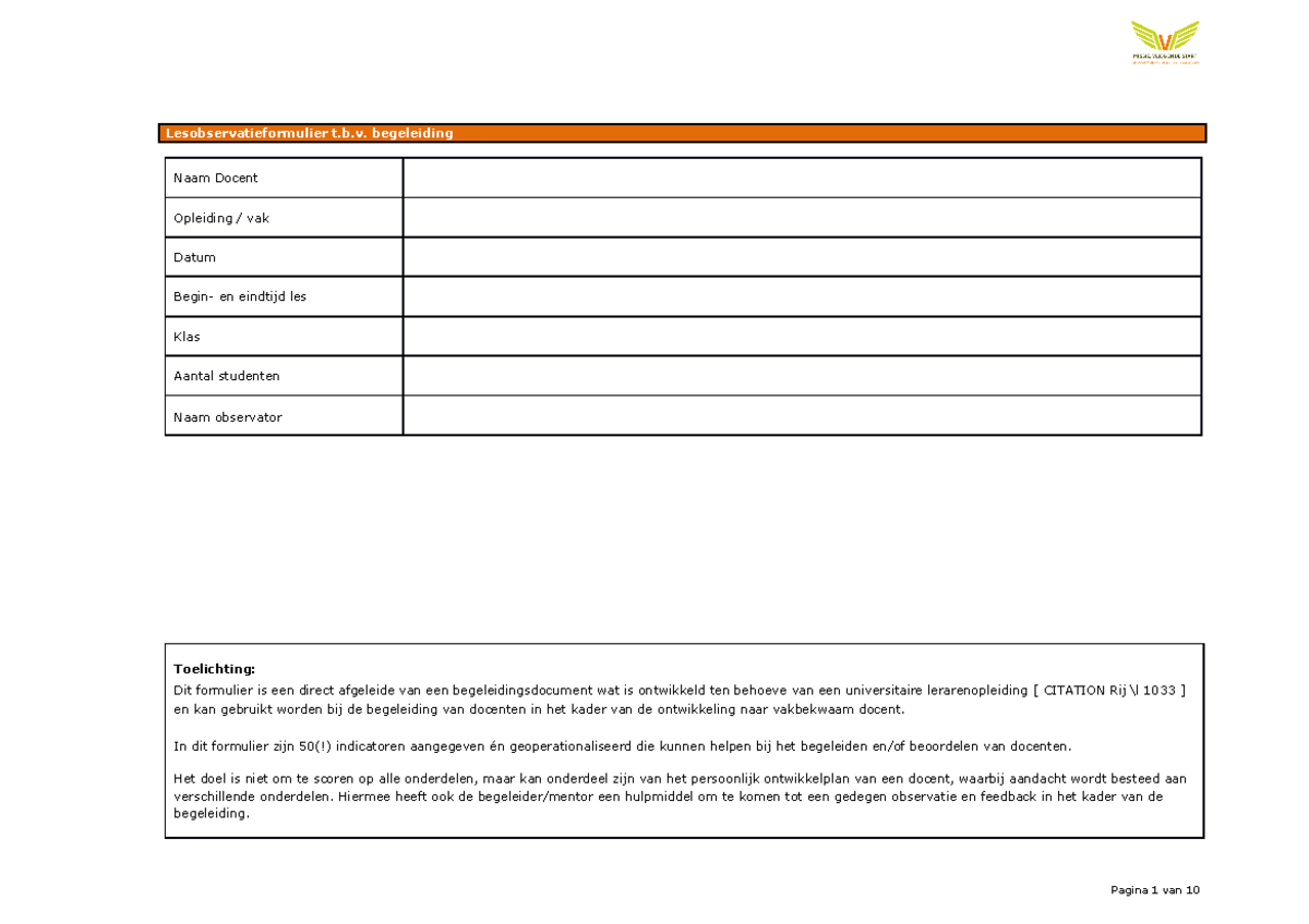 Observatieformulier Lessen Voorbeeld - Lesobservatieformulier T.b ...