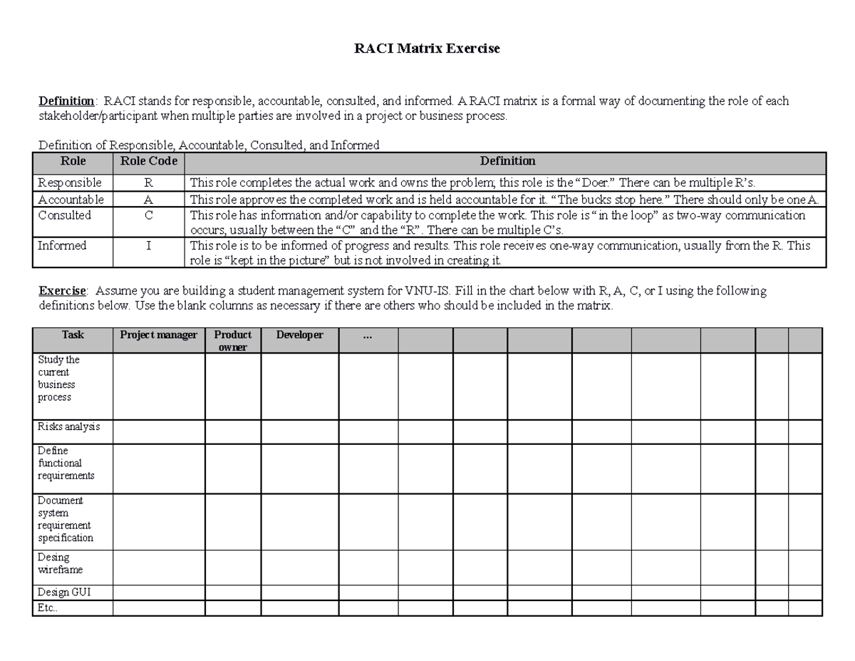 RACI Exercise - slide - RACI Matrix Exercise Definition: RACI stands ...