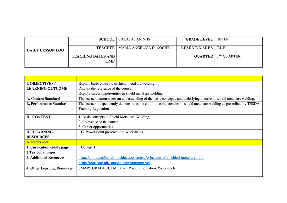 DLL1 - ELECTRICAL - DAILY LESSON LOG SCHOOL CALATAGAN NHS GRADE LEVEL ...