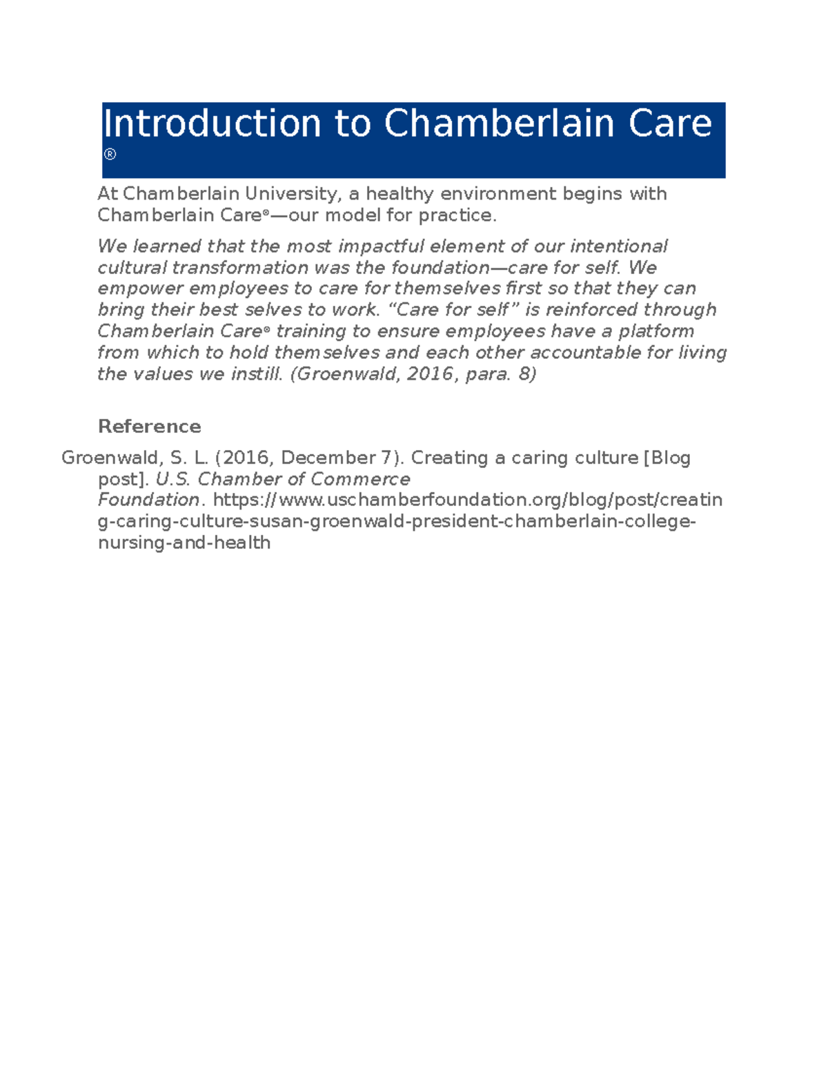 Edapty Chamberlain care wk1 part 1 Introduction to Chamberlain Care