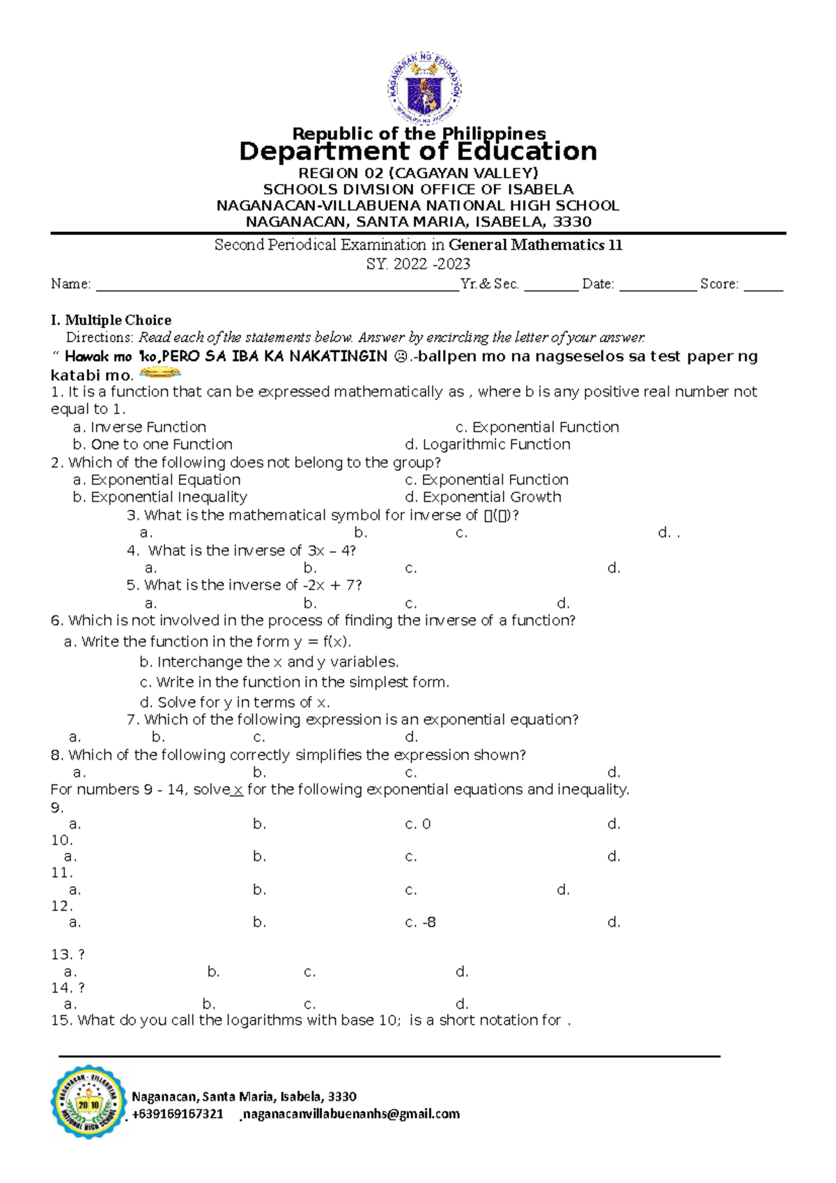 Genmath-2-Copy - Exam - Republic of the Philippines Department of ...