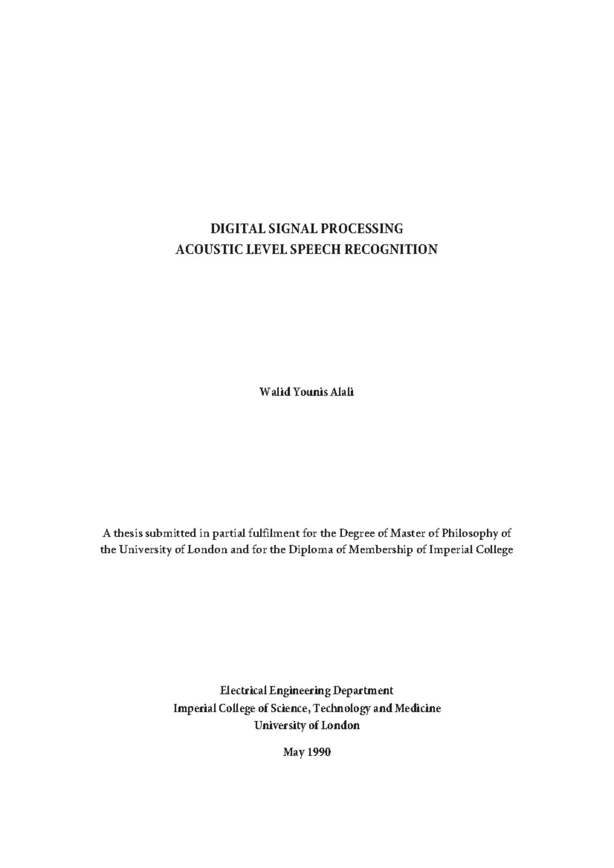 Thesis MSC 1990 Digital Signal Processing DIGITAL SIGNAL PROCESSING ACOUSTIC LEVEL SPEECH